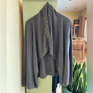 Bloomingdale’s Aqua 100% Cashmere Waterfall Stud Trim Cardigan Taupe Gray Medium